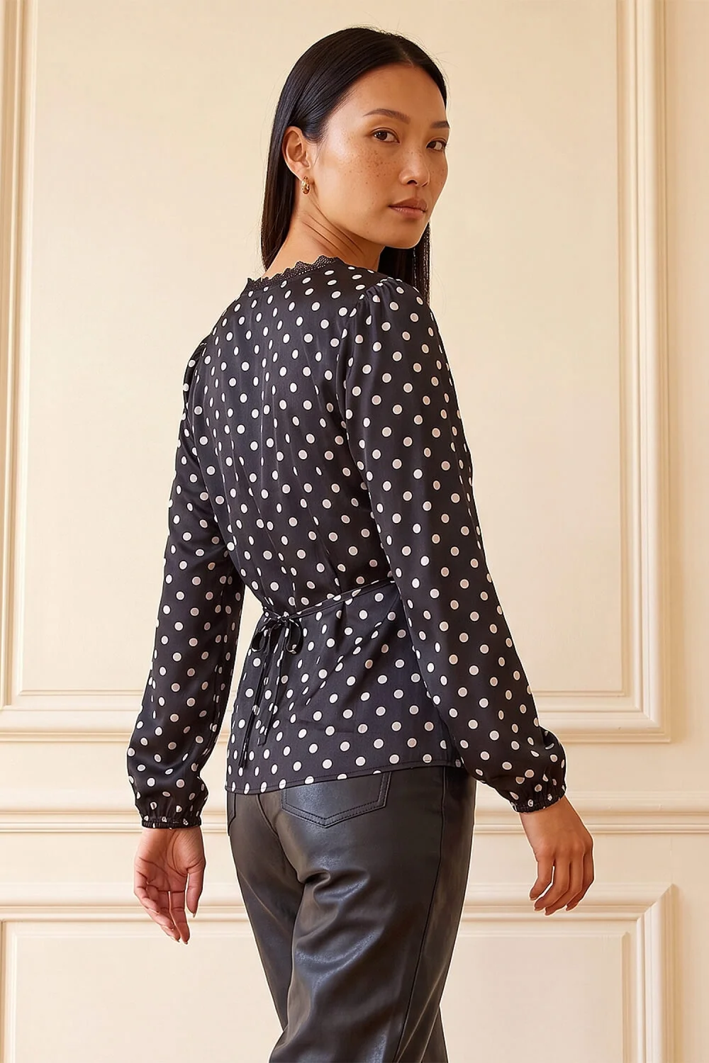 Roman Black Polka Dot Lace Trim Satin Top - 14 Image 3