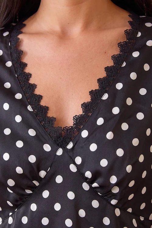Roman Black Polka Dot Lace Trim Satin Top - 14 Image 4