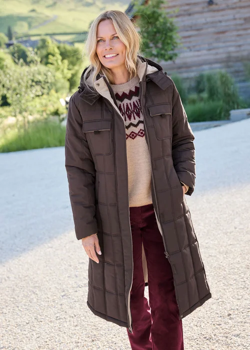 Cotton Traders Chocolate Long Padded Hooded Coat - 12 Image 1