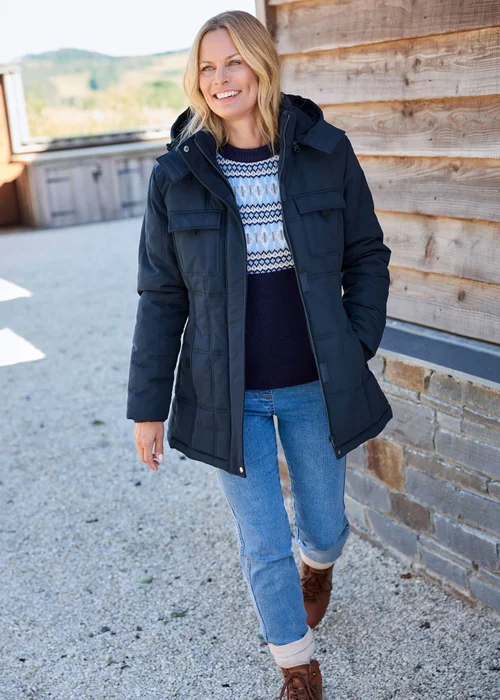 Cotton Traders Navy Short Padded Hooded Coat - 16 Image 1