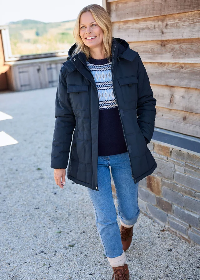 Cotton Traders Navy Short Padded Hooded Coat