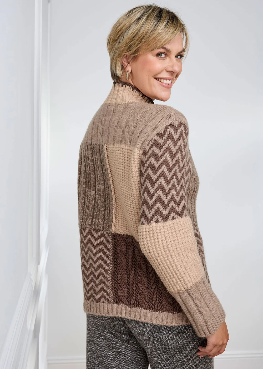 Cotton Traders Dark Brown Turtleneck Patchwork Jumper - 10 Image 3