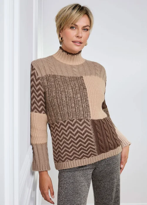 Cotton Traders Dark Brown Turtleneck Patchwork Jumper - 10 Image 2