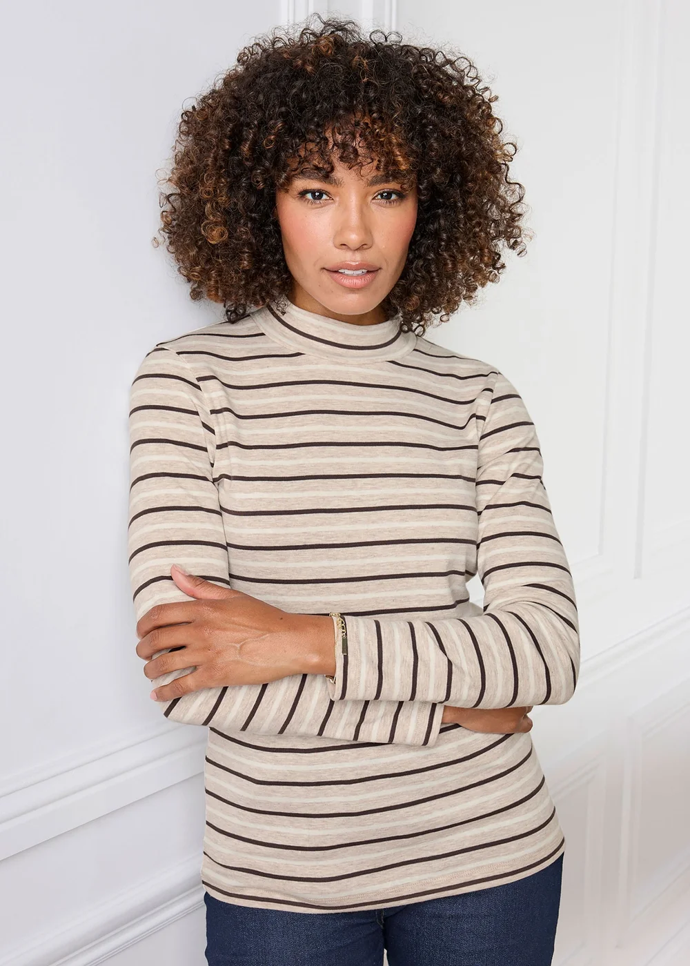 Cotton Traders Beige Marl Wrinkle Free Long Sleeve Stripe Turtleneck Top - 26 Image 2