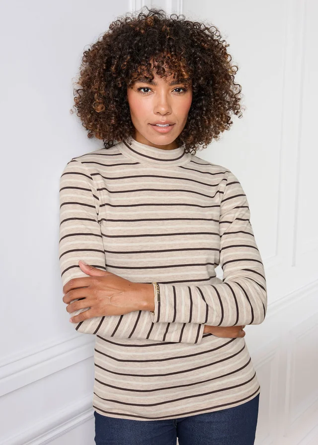 Cotton Traders Beige Marl Wrinkle Free Long Sleeve Stripe Turtleneck Top