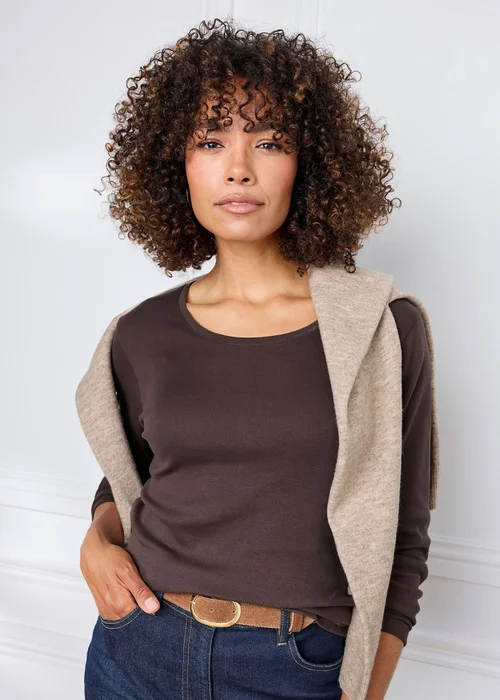 Cotton Traders Chocolate Wrinkle Free Long Sleeve Scoop Neck Top - 14 Image 1
