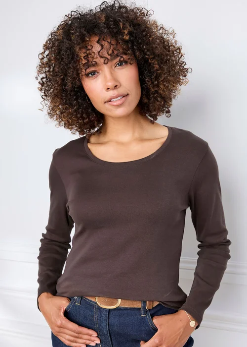 Cotton Traders Chocolate Wrinkle Free Long Sleeve Scoop Neck Top - 14 Image 2
