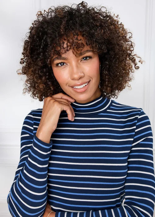 Cotton Traders Navy Wrinkle Free Long Sleeve Stripe Turtleneck Top - 12 Image 4