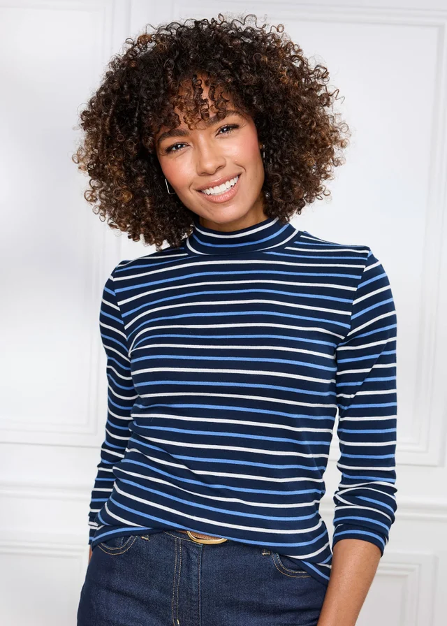 Cotton Traders Navy Wrinkle Free Long Sleeve Stripe Turtleneck Top