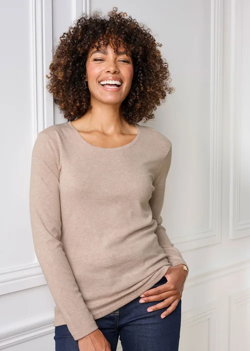 Cotton Traders Beige Marl Wrinkle Free Long Sleeve Scoop Neck Top - 10 Image 2