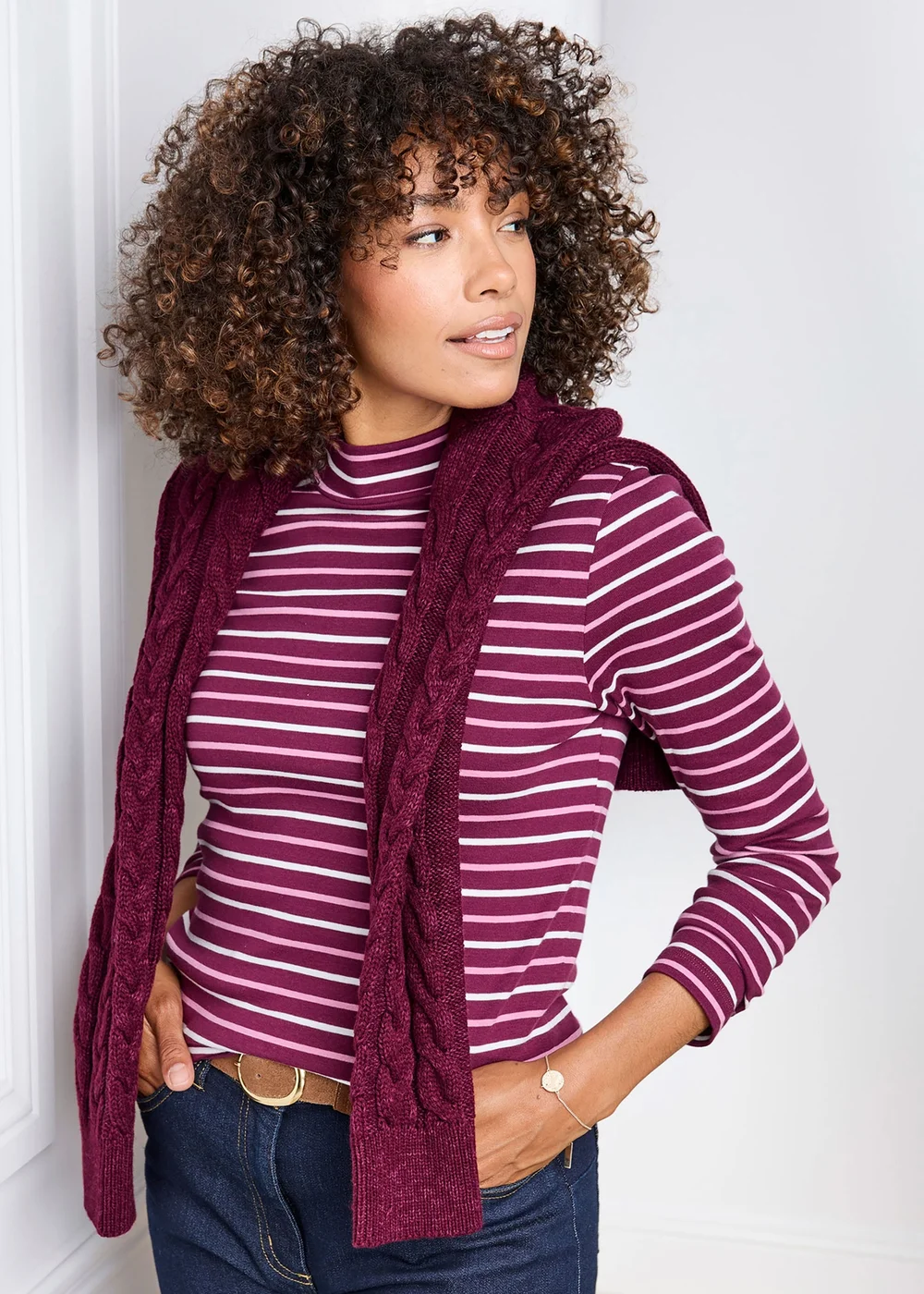Cotton Traders Berry Wrinkle Free Long Sleeve Stripe Turtleneck Top - 20 Image 1