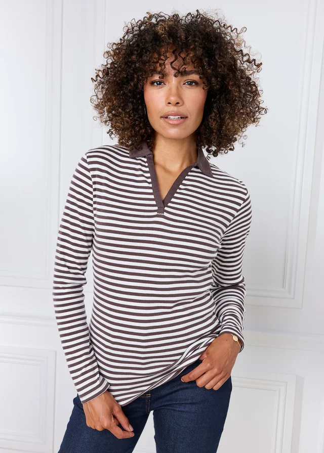 Cotton Traders Chocolate Wrinkle Free Long Sleeve Stripe Polo Shirt