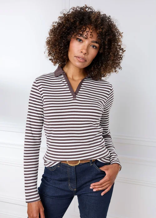 Cotton Traders Chocolate Wrinkle Free Long Sleeve Stripe Polo Shirt - 20 Image 2