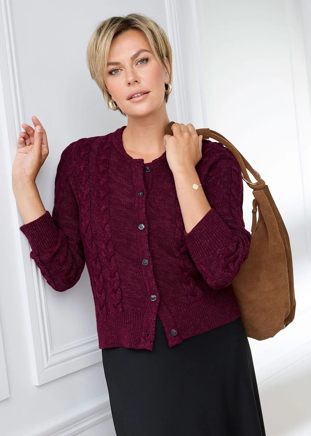Cotton Traders Burgundy Cable Cardigan - 20 Image 1