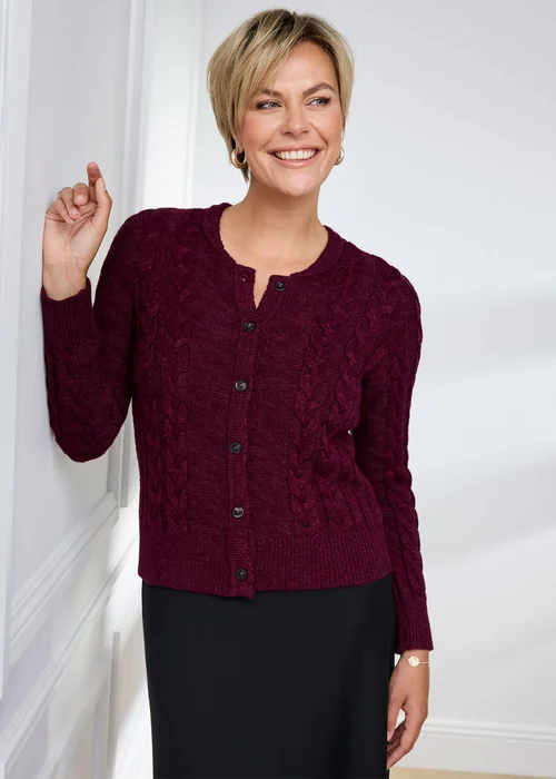 Cotton Traders Burgundy Cable Cardigan - 20 Image 3