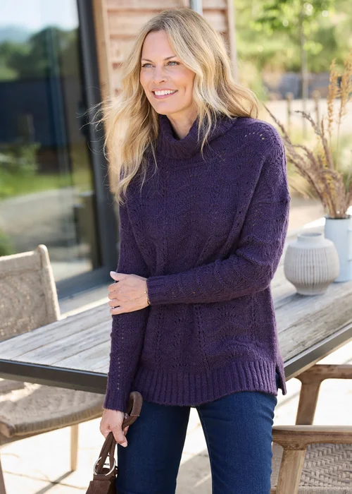 Cotton Traders Blackcurrant Pointelle Roll Neck Jumper - 10 Image 1