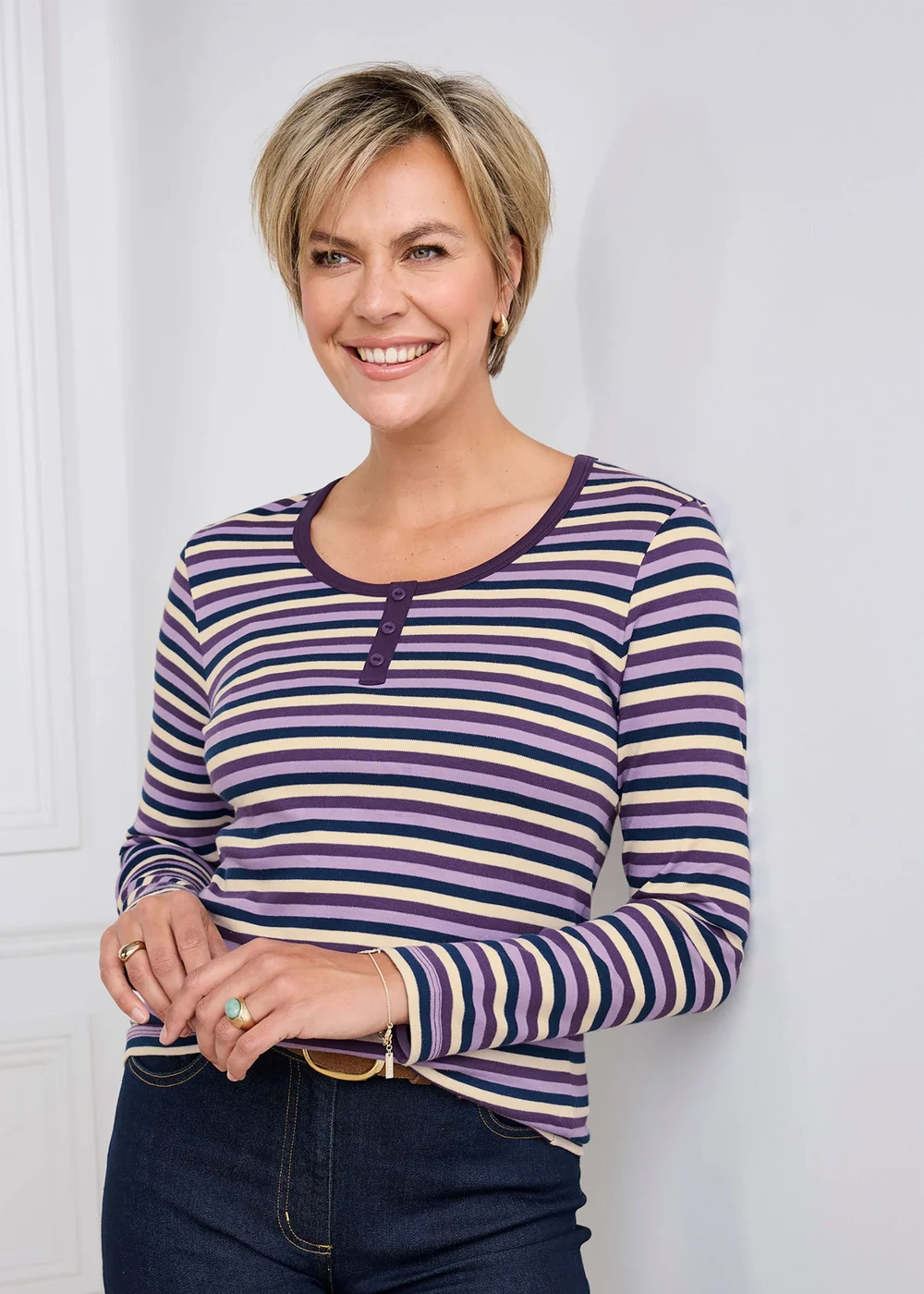 Cotton Traders Amethyst Cosy Up Long Sleeve Stripe Button Neck Top - 16 Image 1