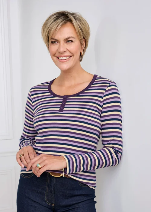 Cotton Traders Amethyst Cosy Up Long Sleeve Stripe Button Neck Top - 16 Image 1