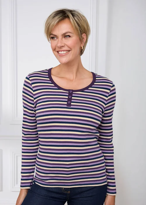 Cotton Traders Amethyst Cosy Up Long Sleeve Stripe Button Neck Top - 16 Image 2