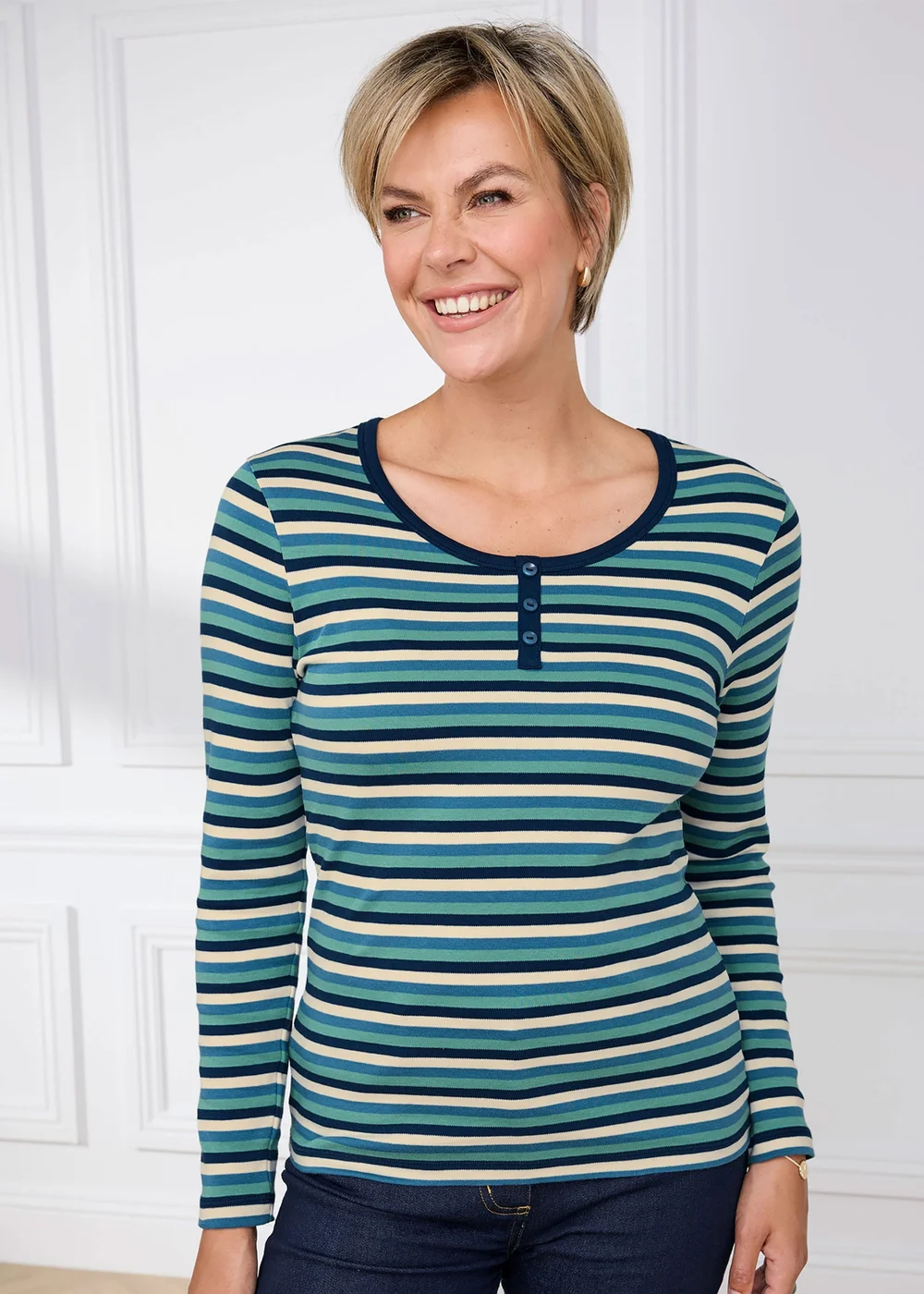 Cotton Traders Navy Cosy Up Long Sleeve Stripe Button Neck Top - 10 Image 2