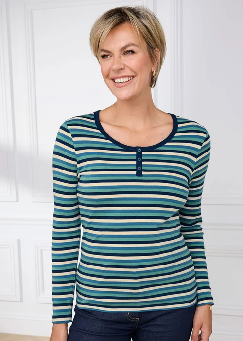 Cotton Traders Navy Cosy Up Long Sleeve Stripe Button Neck Top - 10 Image 2