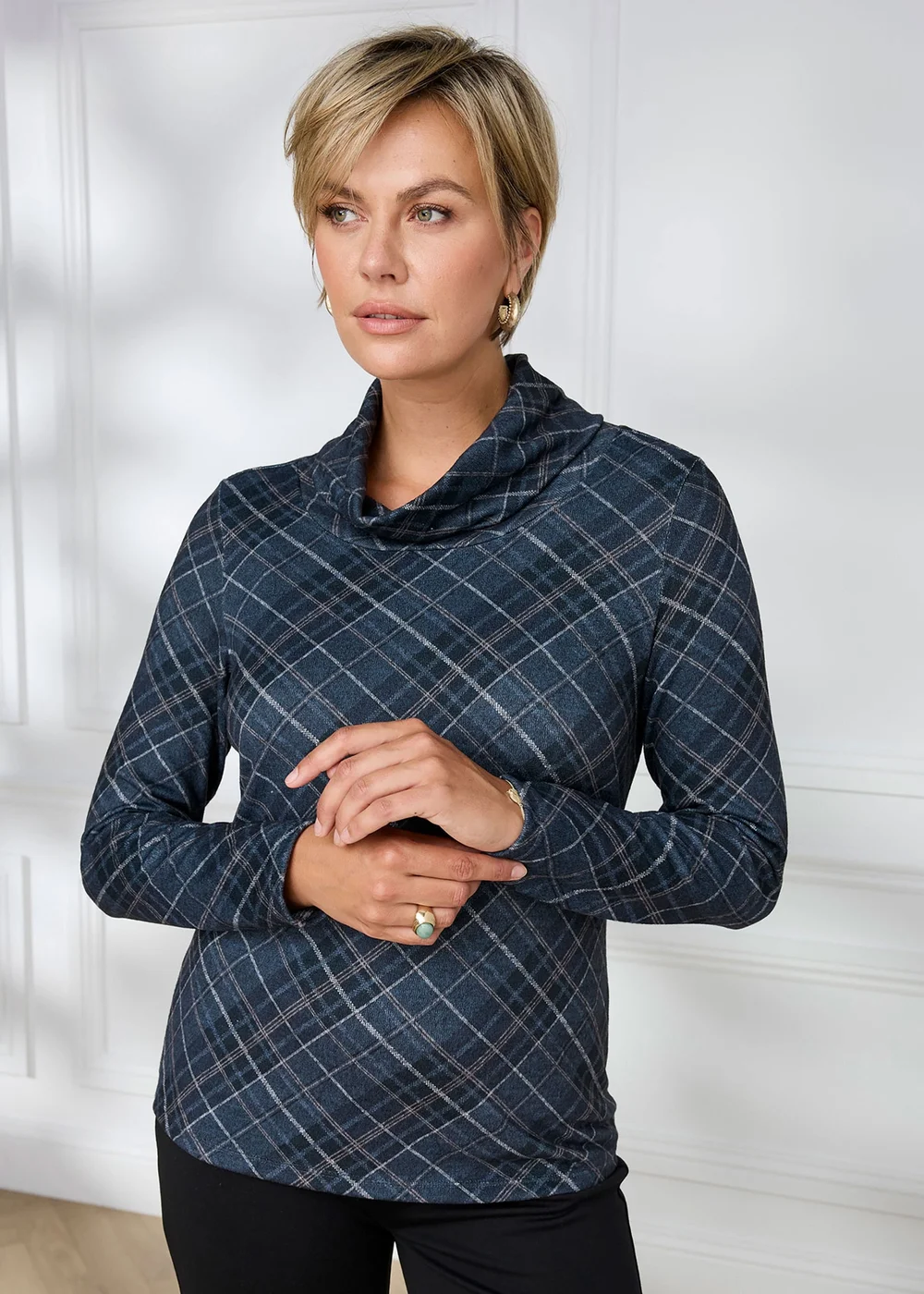 Cotton Traders Charcoal Long Sleeve Cowl Neck Check Jersey Top - 16 Image 2