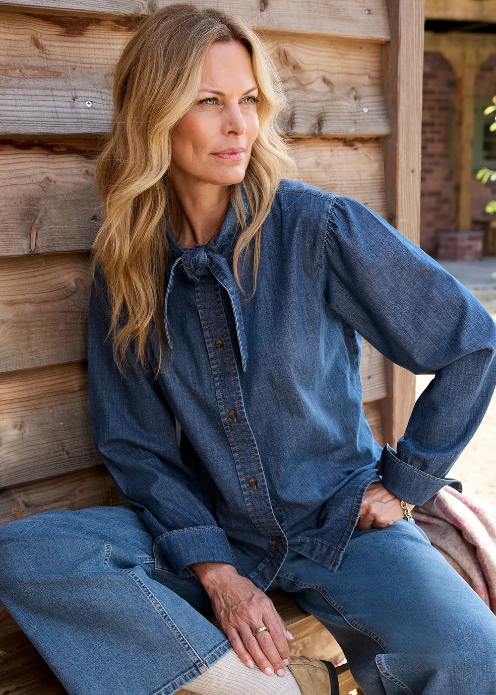 Cotton Traders Stonewash Denim Tie Neck Blouse - 16 Image 1
