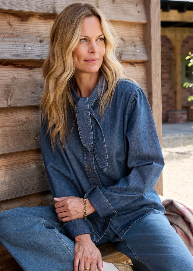 Cotton Traders Stonewash Denim Tie Neck Blouse