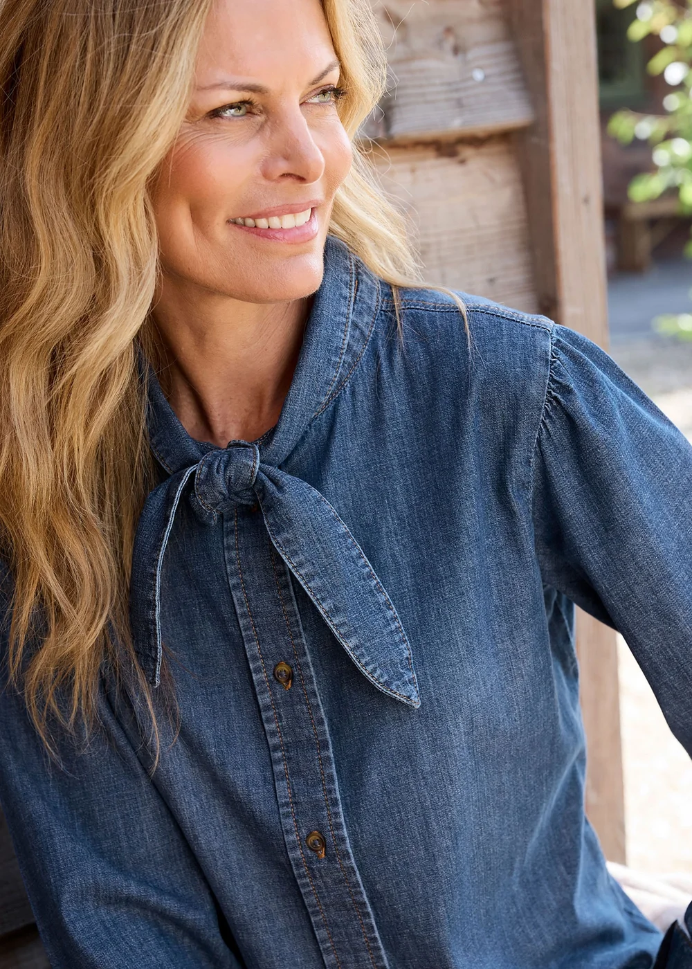 Cotton Traders Stonewash Denim Tie Neck Blouse - 16 Image 4