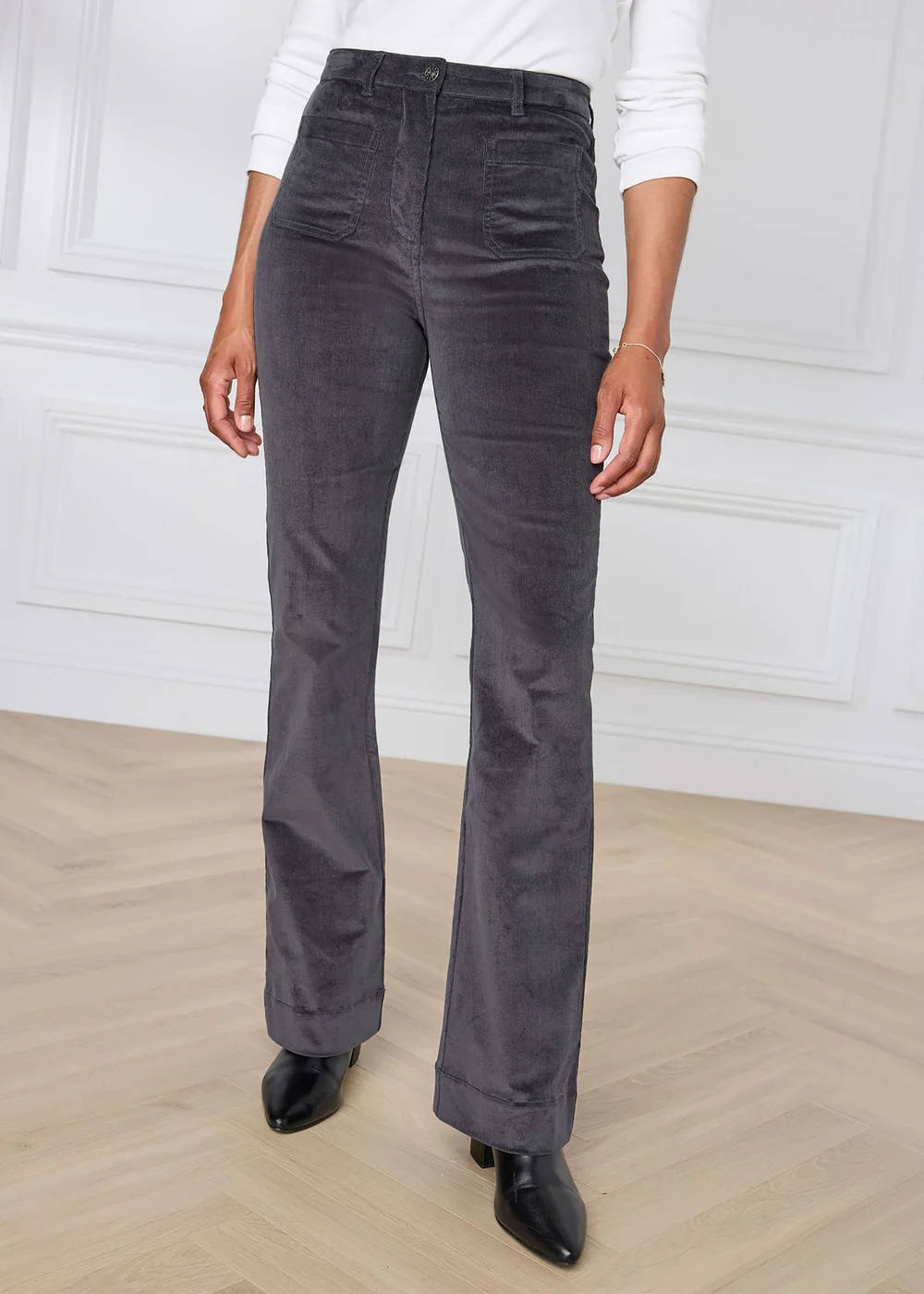 Cotton Traders Storm Grey Slim Flare Stretch Cord Trousers - 12/L27 Image 2