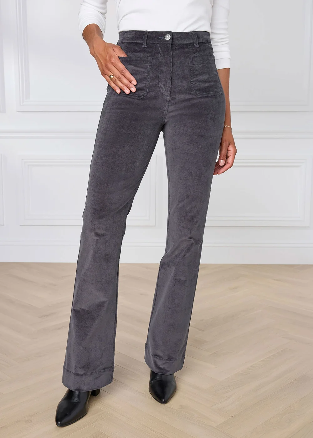 Cotton Traders Storm Grey Slim Flare Stretch Cord Trousers - 12/L27 Image 1