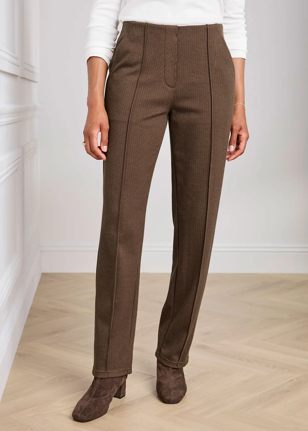 Cotton Traders Chocolate Pull On Check Jersey Trousers - 10/L29 Image 2