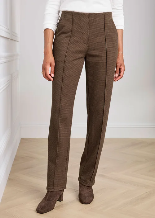 Cotton Traders Chocolate Pull On Check Jersey Trousers - 10/L29 Image 2