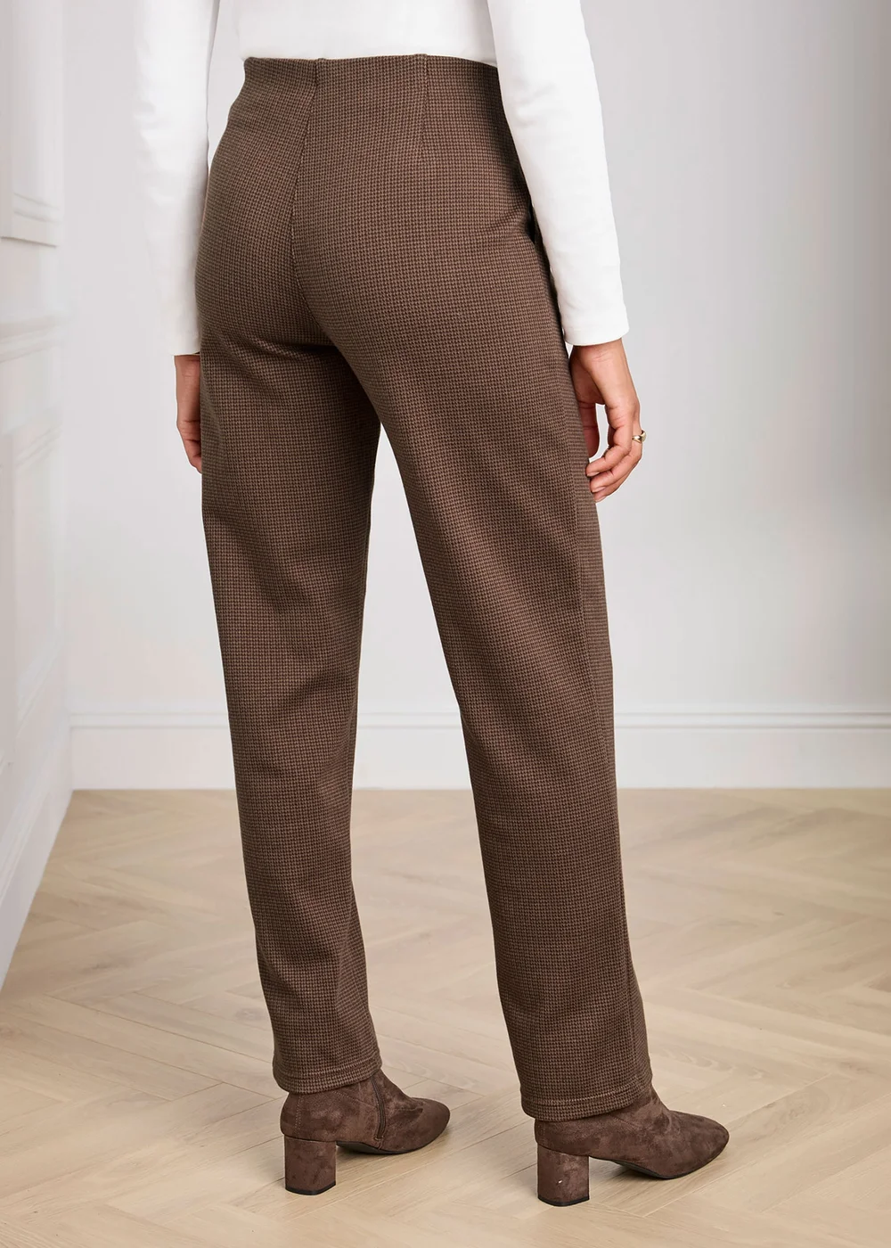 Cotton Traders Chocolate Pull On Check Jersey Trousers - 10/L29 Image 3