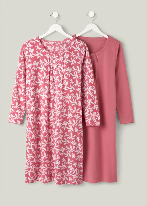 Cotton Traders Vintage Pink 2 Pack Fleece Nightdresses - 10-12 Image 1