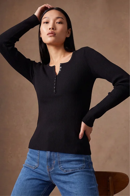 Dusk Black Button Detail Knit Top - 8 Image 1