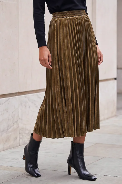 Roman Olive Pleated Velvet Skirt - 10 Image 1