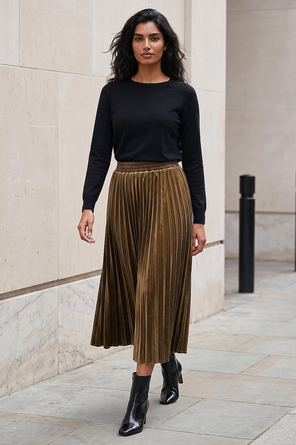 Roman Olive Pleated Velvet Skirt - 10 Image 2