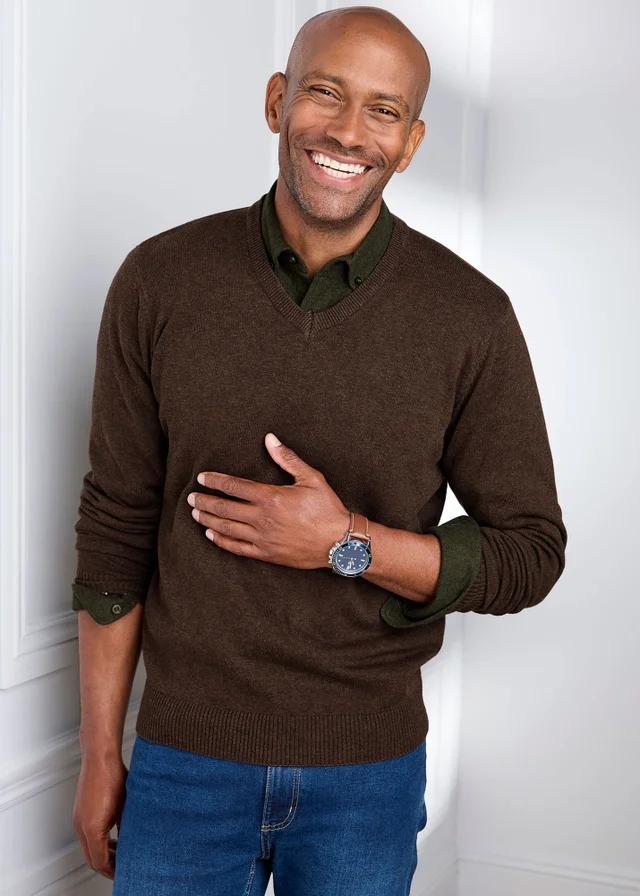 Cotton Traders Dark Brown Cotton V-Neck Jumper