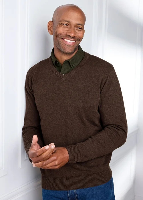 Cotton Traders Dark Brown Cotton V-Neck Jumper - M Image 2
