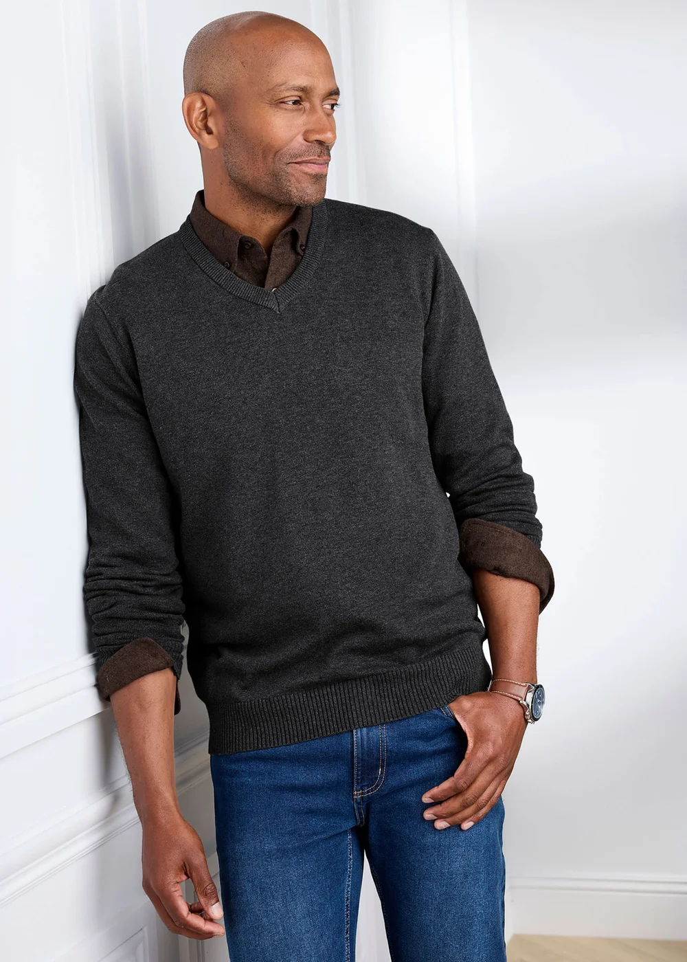 Cotton Traders Charcoal Cotton V-Neck Jumper - M Image 1