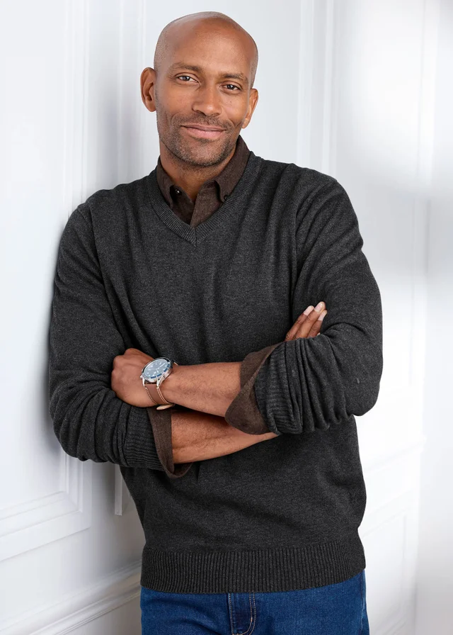 Cotton Traders Charcoal Cotton V-Neck Jumper