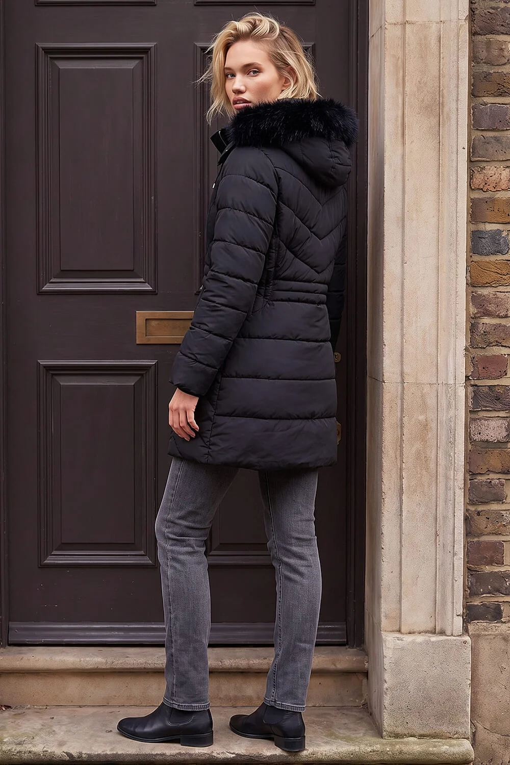 Roman Black Padded Fur Hood Coat - 18 Image 3