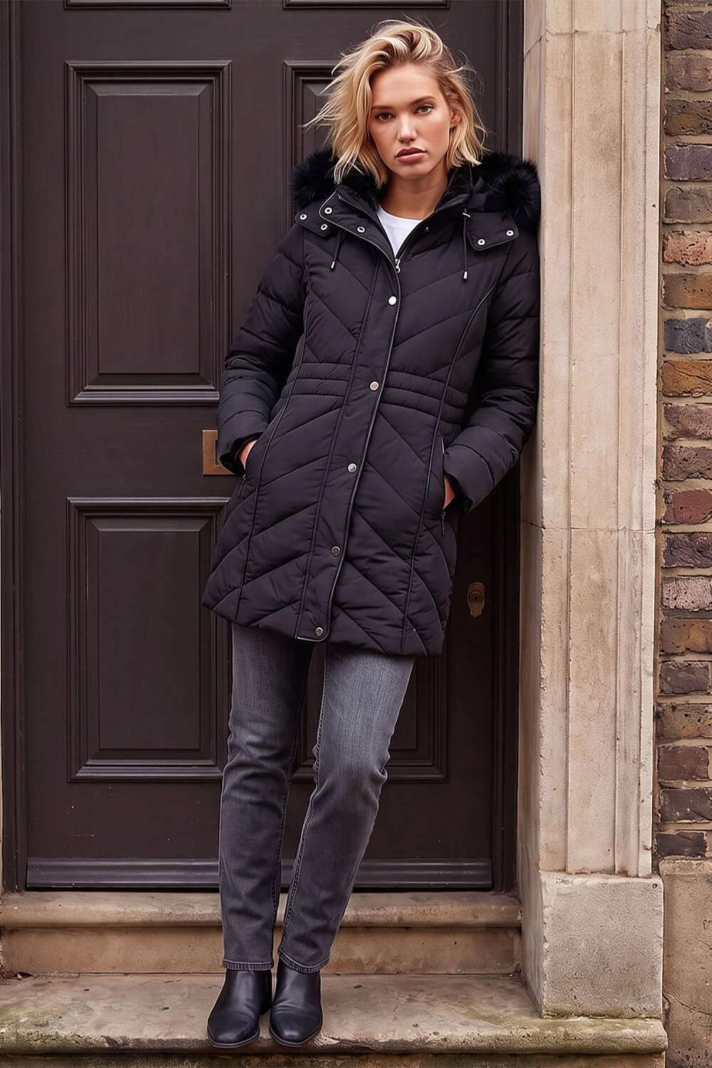 Roman Black Padded Fur Hood Coat - 18 Image 2