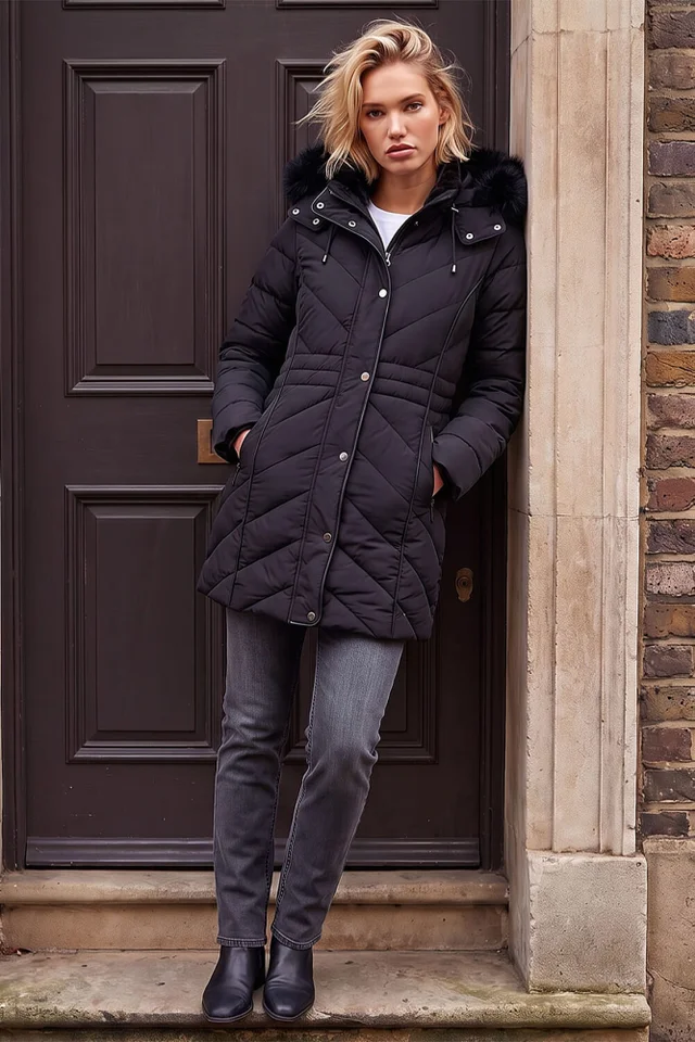 Roman Black Padded Fur Hood Coat