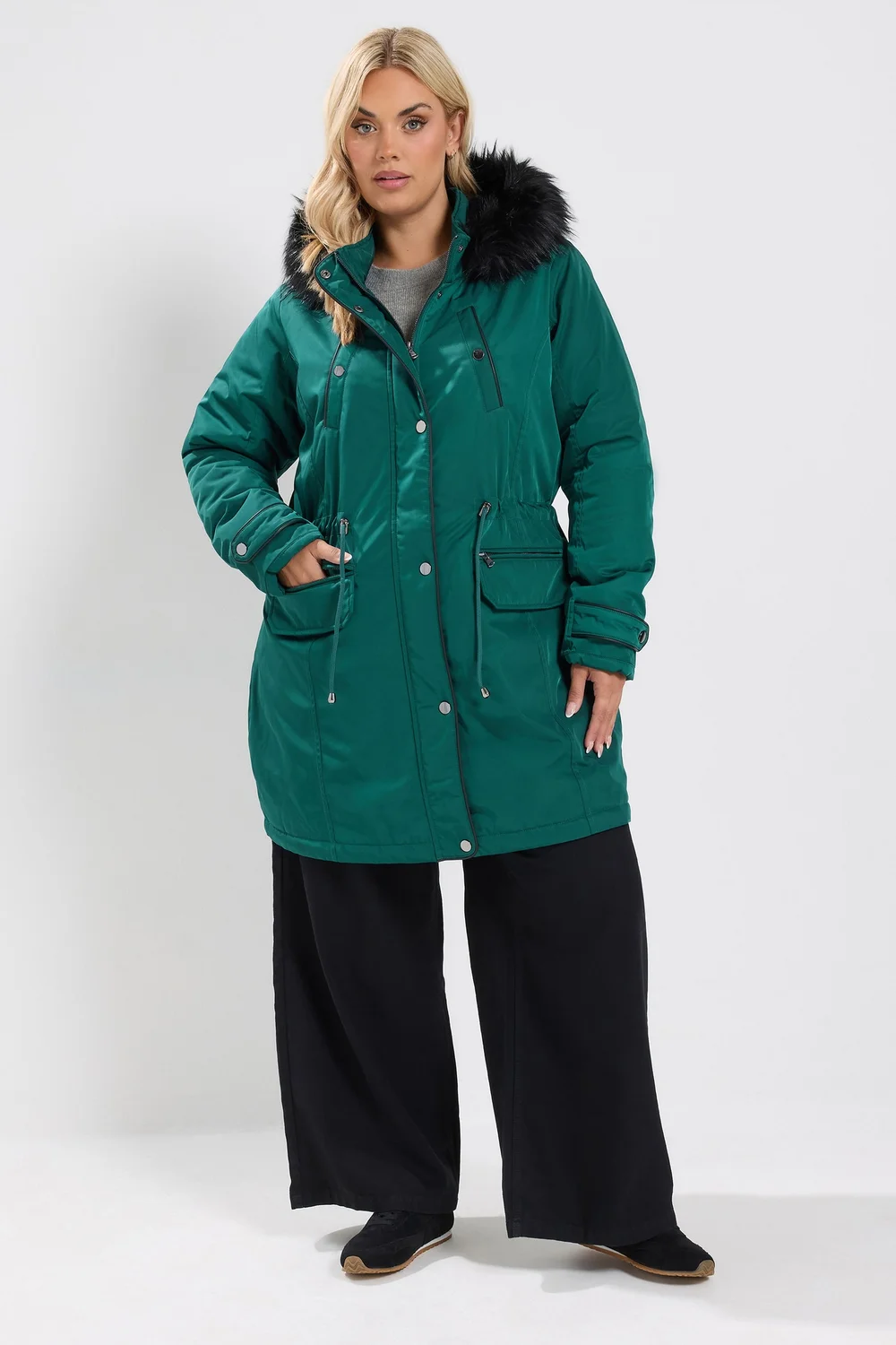 Yours Curve Green Faux Fur Trim Plush Parka Jacket - 26-28 Image 2