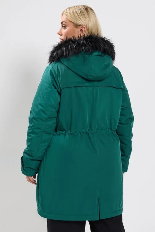 Yours Curve Green Faux Fur Trim Plush Parka Jacket - 26-28 Image 3