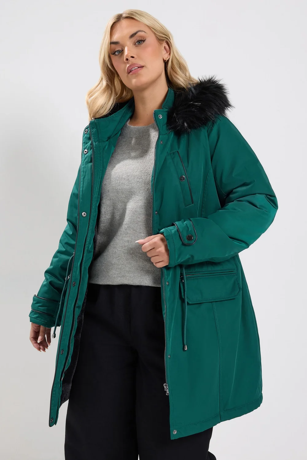 Yours Curve Green Faux Fur Trim Plush Parka Jacket - 26-28 Image 1