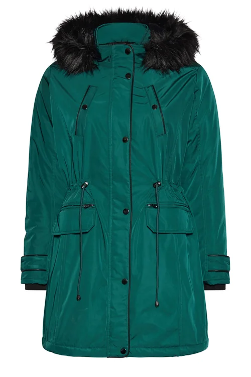 Yours Curve Green Faux Fur Trim Plush Parka Jacket - 26-28 Image 5