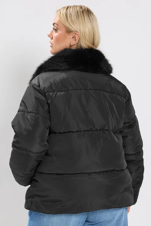 Yours Curve Black Funnel Neck Padded Coat - 30-32 Image 2